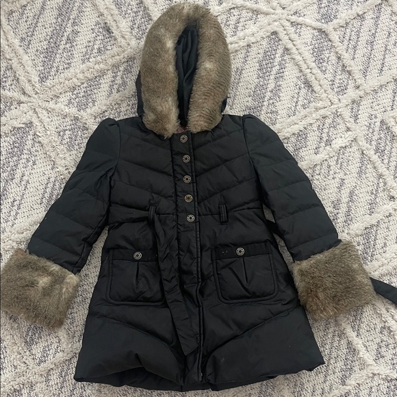 Juicy couture hlack  Hooded Coat with Faux Fur Trim - Picture 1 of 4